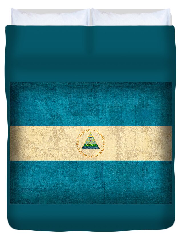 Nicaragua Duvet Cover featuring the mixed media Nicaragua Flag Vintage Distressed Finish by Design Turnpike