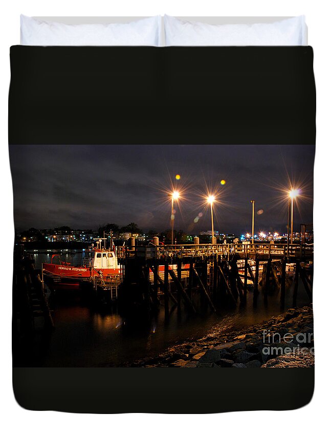 Night Pier Boston Harbour Harbor Trawler Fishing Boat Jetty Duvet Cover featuring the photograph Night Pier by Richard Gibb