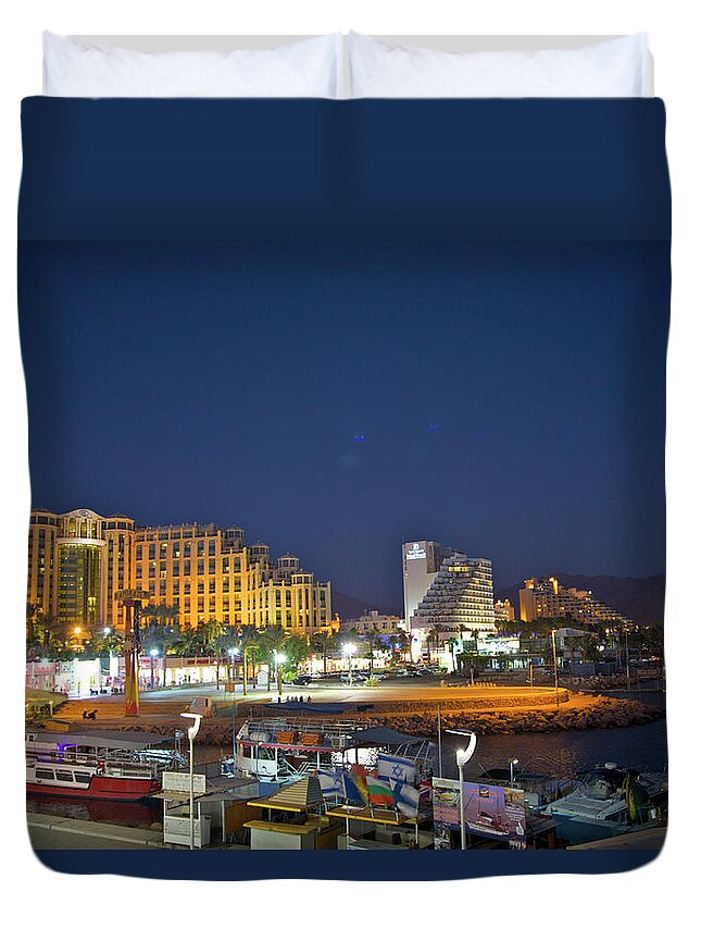 Viewpoint Duvet Cover featuring the photograph Night View Of Hotels And Boats At Red by Barry Winiker