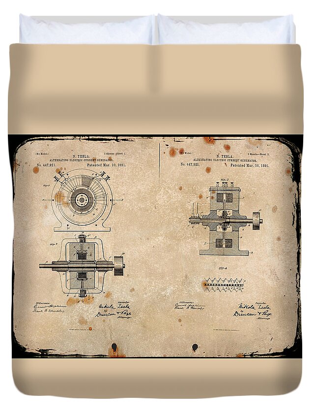Wright Duvet Cover featuring the digital art Nikola Tesla's Alternating Current Generator Patent 1891 by Paulette B Wright