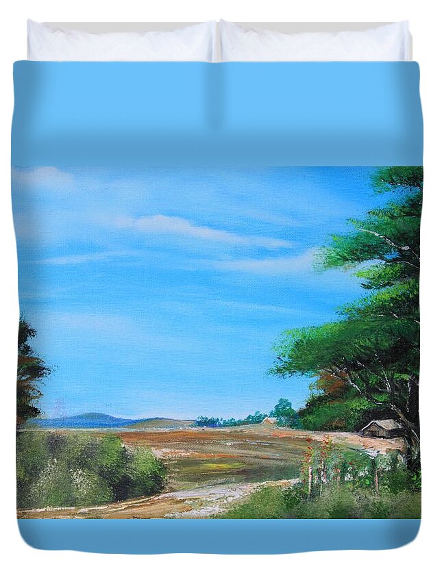 Landscape Duvet Cover featuring the painting Nipa Hut in the Barrio by Remegio Onia
