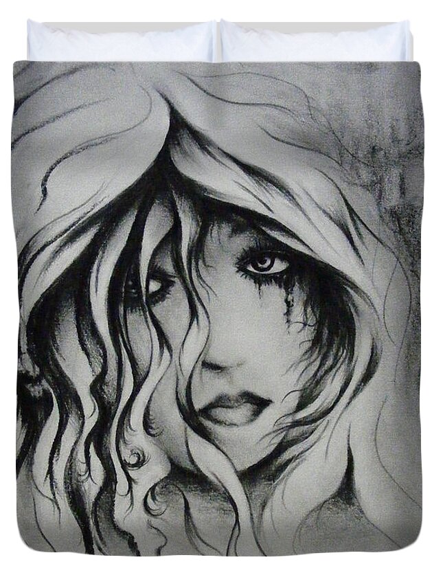 Woman Duvet Cover featuring the drawing No more tears by William Russell Nowicki