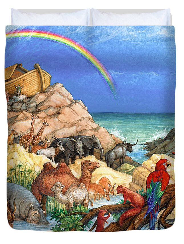 Biblical Duvet Cover featuring the painting Noah and the Ark by Randy Wollenmann