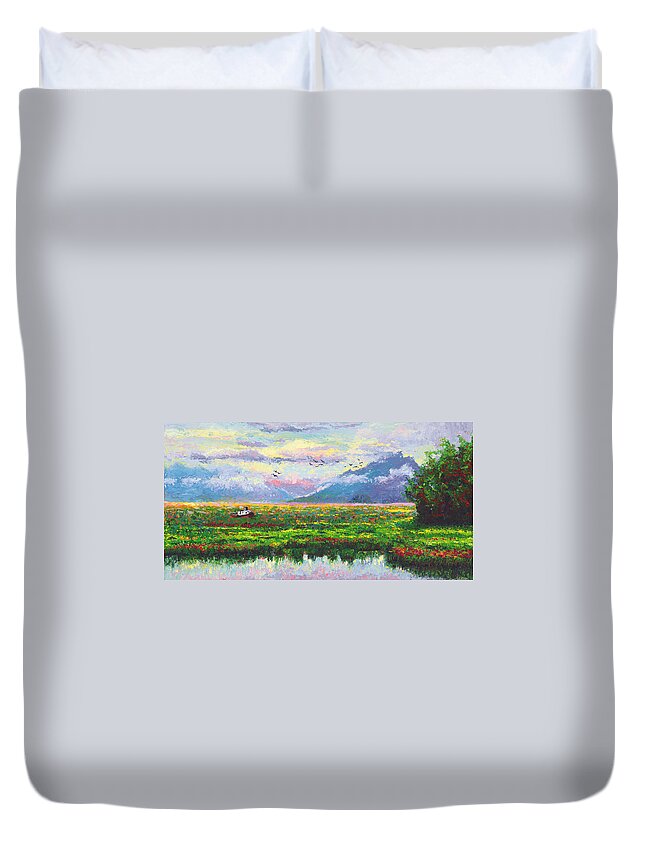 Landscape Duvet Cover featuring the painting Nomad - Alaska Landscape with Joe Redington's boat in Knik Alaska by Talya Johnson