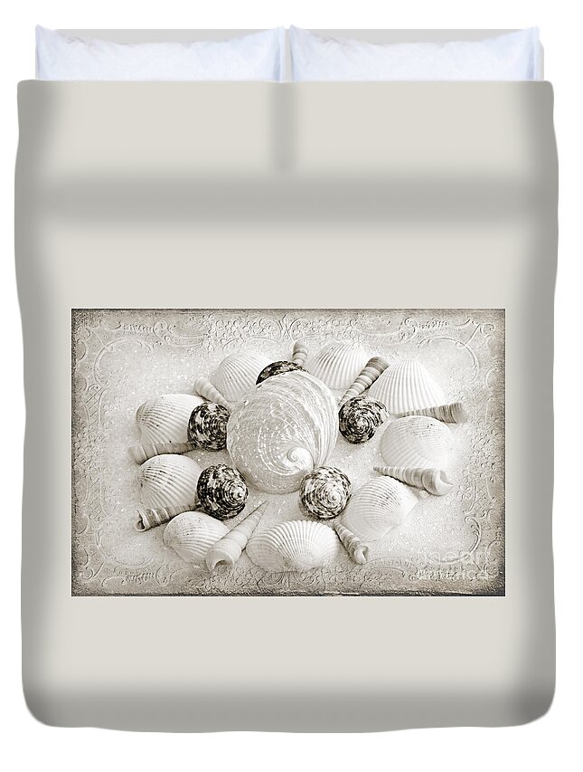 Seashells Duvet Cover featuring the photograph North Carolina Circle Of Sea Shells BW by Andee Design