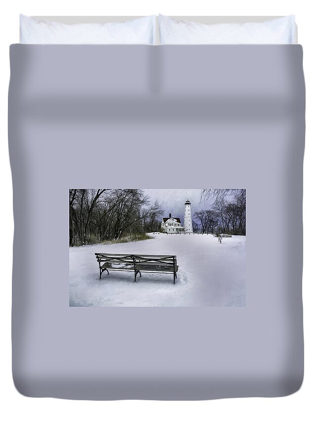 Lighthouse; Light House; Architecture; Beacon; Winter; Snow; Overcast; Cloudy; Cold; White; Tower; Keeper; House; Milwaukee; Lake Michigan; Structure; Building; Midwest; Shore; Nautical; Light Station; Coast; Frozen; Ice; Fine Art Photography; Scott Norris Photography; Bench; Sit; Rest; Park Bench; Wooden Bench Duvet Cover featuring the photograph North Point Lighthouse and Bench by Scott Norris