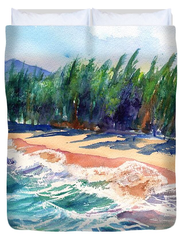 Kauai Ocean Watercolor Duvet Cover featuring the painting North Shore Beach 2 by Marionette Taboniar