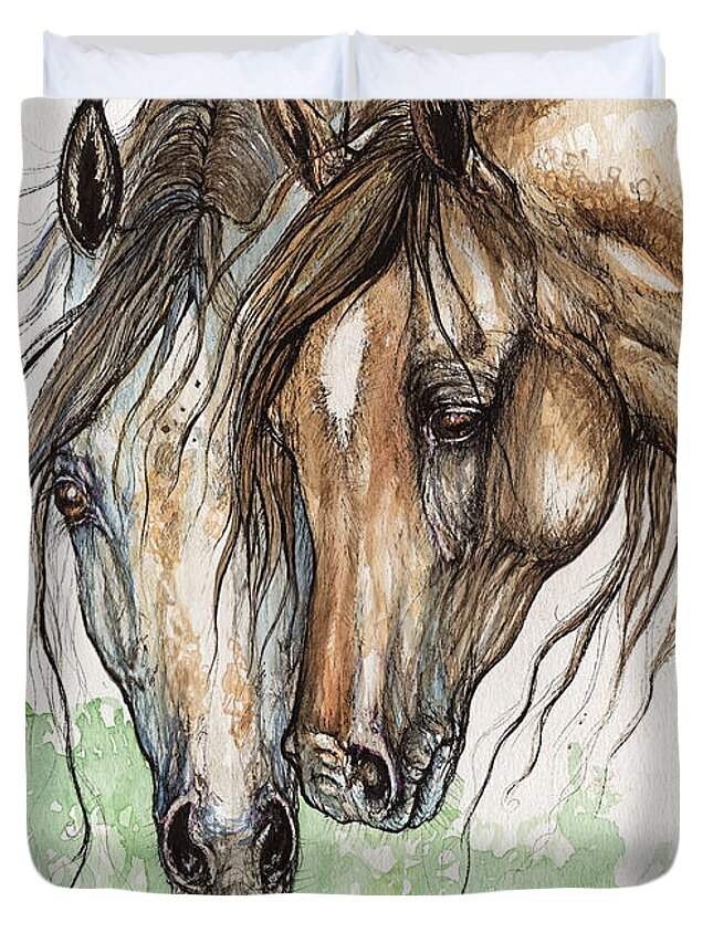  Horse Duvet Cover featuring the painting Nose To Nose Watercolor Painting by Ang El