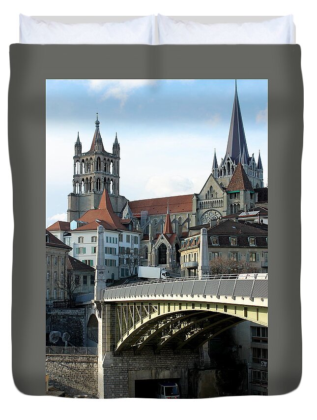 Arch Duvet Cover featuring the photograph Notre-dame Cathedral, Lausanne by Barbara Ender-jones