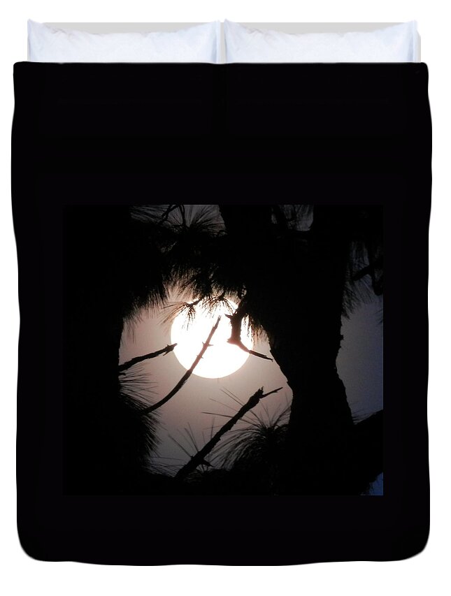 #fullmoon #moon #hugewhite #balloflight #hudson #florida #pinetrees #november Duvet Cover featuring the photograph November Full Moon by Belinda Lee