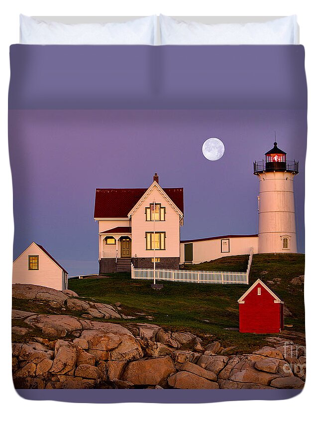 Moon Duvet Cover featuring the photograph Nubble Lighthouse and Moon by Jerry Fornarotto