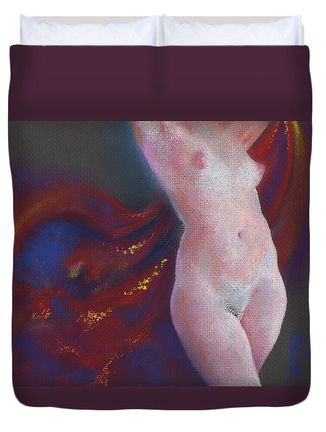 Female Nude Duvet Cover featuring the pastel Nude Female Torso in Bright Light from Front with Radiant Red Cloth Flowing Behind with Gold Sparkle by Scott Kirkman