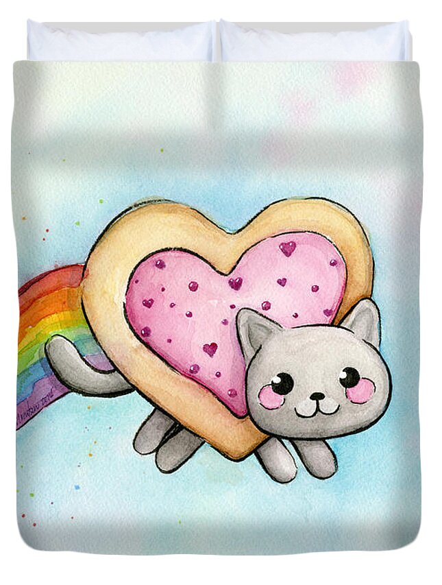 Valentine Duvet Cover featuring the painting Nyan Cat Valentine Heart by Olga Shvartsur