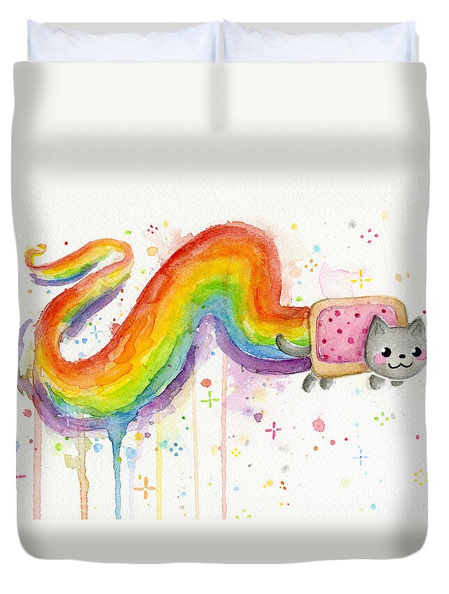 Nyan Duvet Cover featuring the painting Nyan Cat Watercolor by Olga Shvartsur