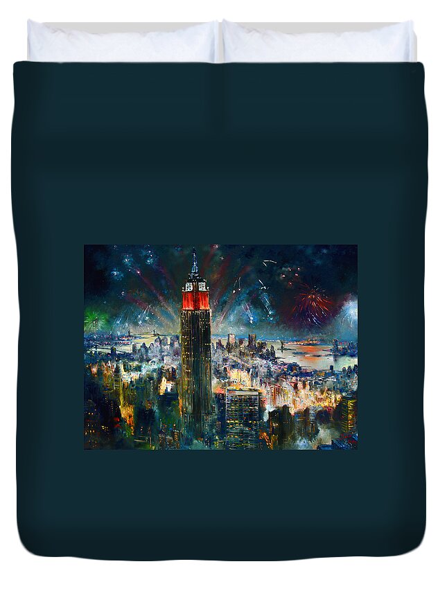 Nyc Duvet Cover featuring the painting NYC in Fourth of July Independence Day by Ylli Haruni
