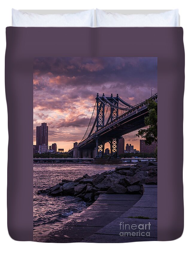 Nyc Duvet Cover featuring the photograph NYC- Manhatten Bridge at night by Hannes Cmarits
