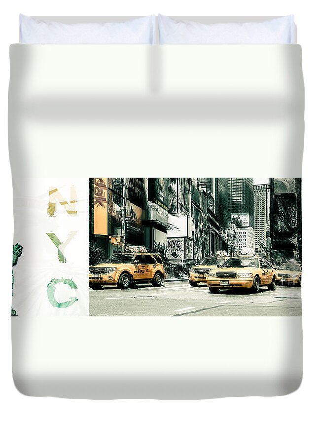 Nyc Duvet Cover featuring the photograph NYC Yellow Cabs and Lady Liberty by Hannes Cmarits