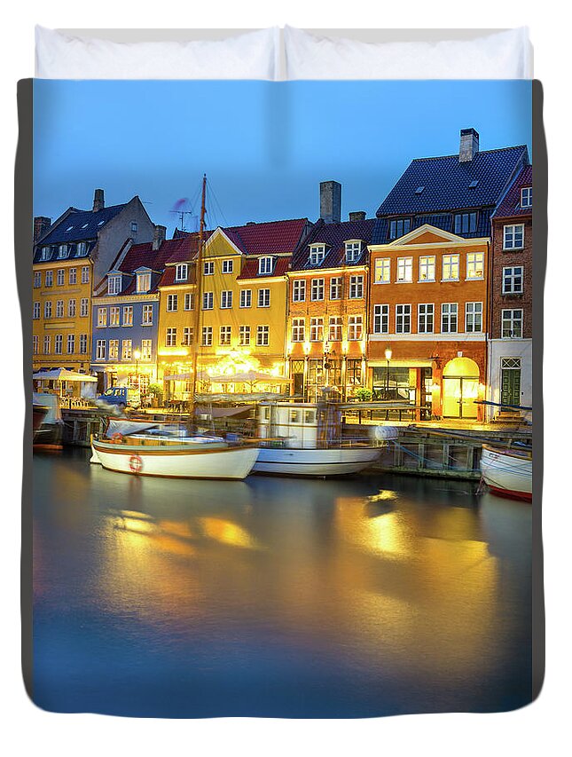 Orange Color Duvet Cover featuring the photograph Nyhavn, Copenhagen, Denmark by Chrishepburn