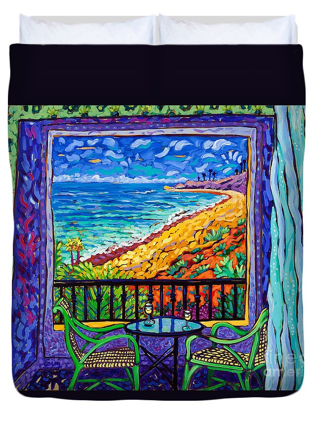 Ocean View Balcony Duvet Cover featuring the painting Ocean View by Cathy Carey