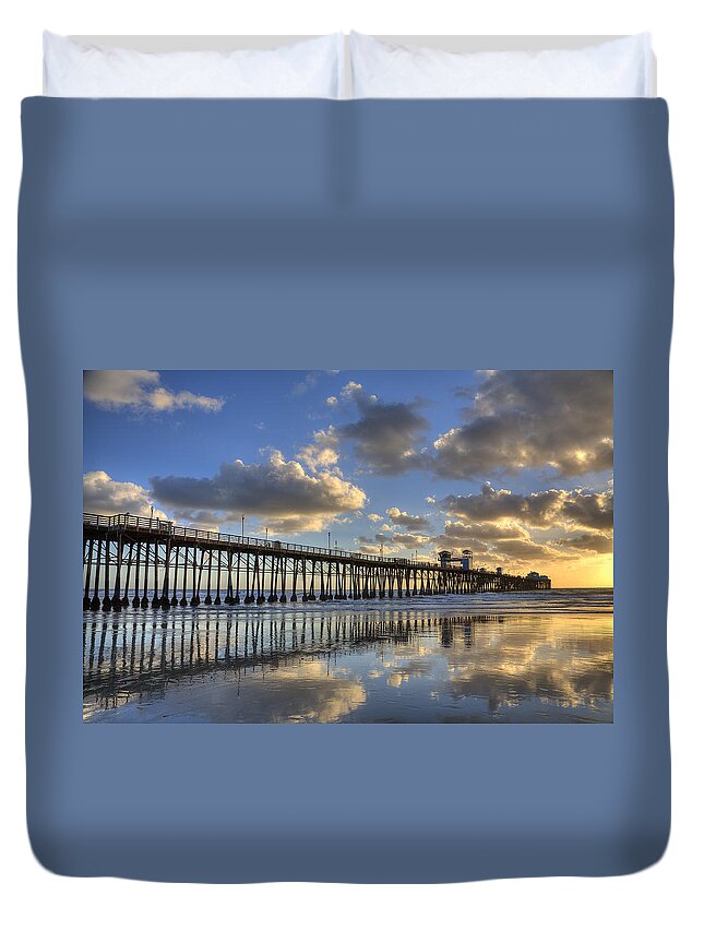 California Duvet Cover featuring the photograph Oceanside Pier Sunset Reflection by Peter Tellone