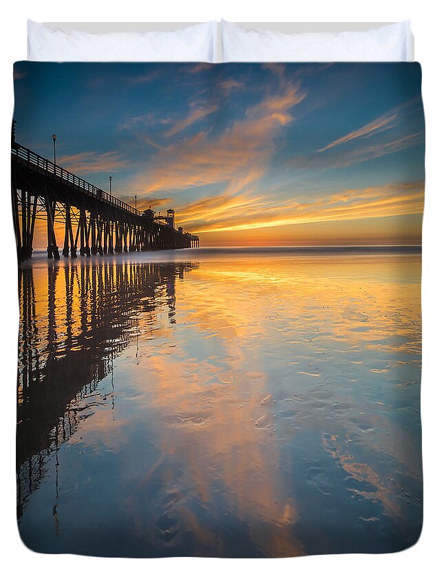 California; Long Exposure; Ocean; Reflection; San Diego; Seascape; Sunset; Surf; Clouds Duvet Cover featuring the photograph Oceanside Reflections 2 Square by Larry Marshall