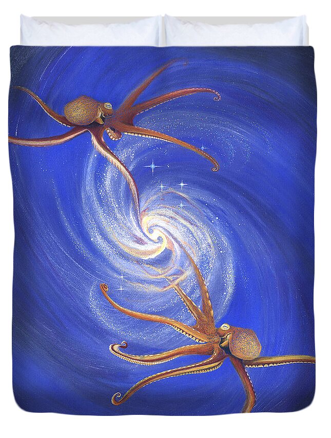 Nature Duvet Cover featuring the drawing Octopi Dance of Creation by Robin Aisha Landsong