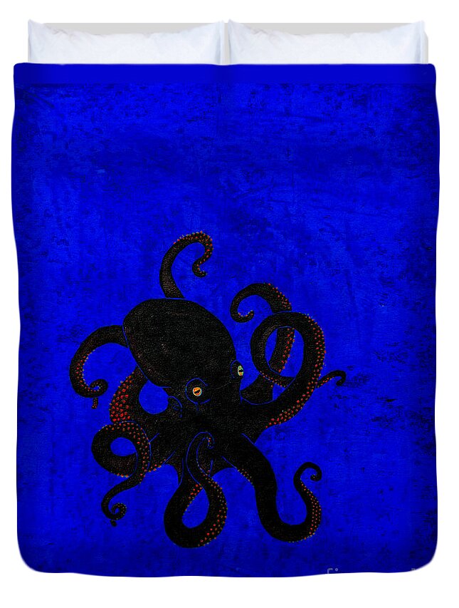 Octopus Duvet Cover featuring the painting Octopus black and blue by Stefanie Forck