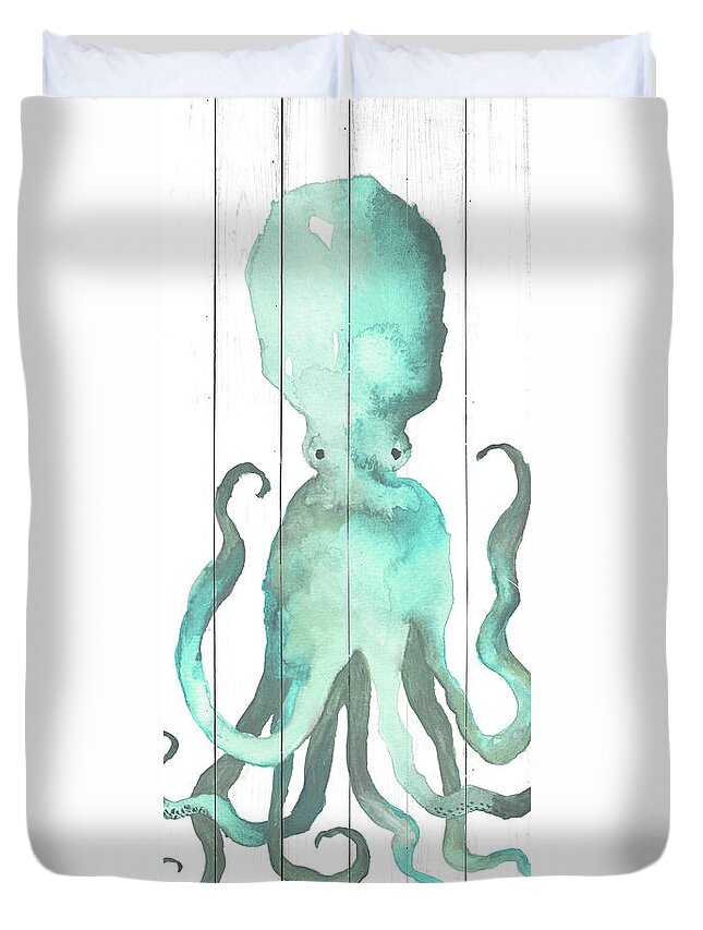 Octopus Duvet Cover featuring the painting Octopus On Wood Plank by Elizabeth Medley