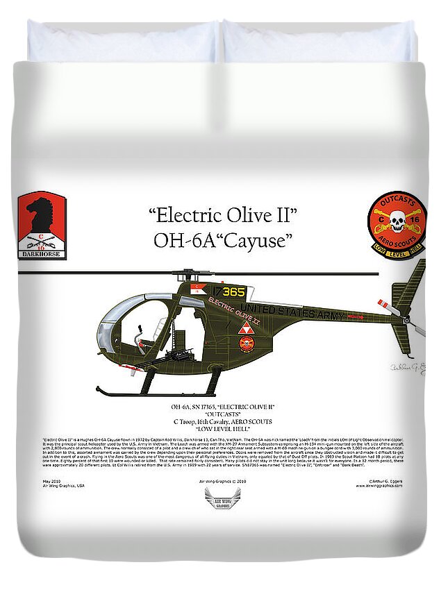 Helicopter Duvet Cover featuring the digital art OH-6A Electric Olive II Loach by Arthur Eggers