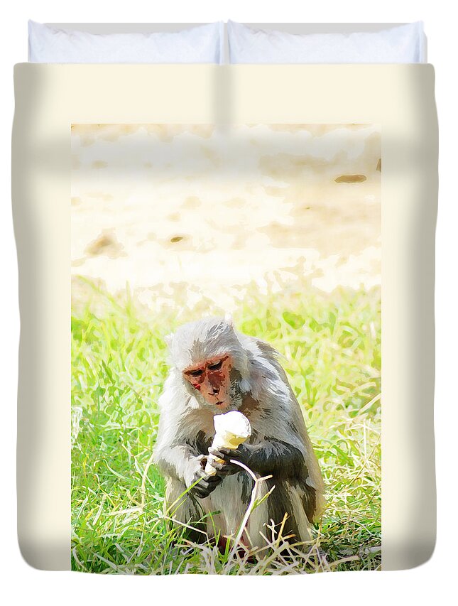Monkey Duvet Cover featuring the digital art Oil Painting - A monkey eating an ice cream by Ashish Agarwal