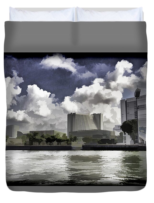 Action Duvet Cover featuring the digital art Oil Painting - Buildings along the waterfront in Singapore by Ashish Agarwal
