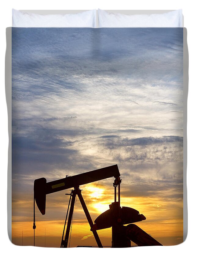 Oil Duvet Cover featuring the photograph Oil Pumper At Sunrise Vertical Image by James BO Insogna