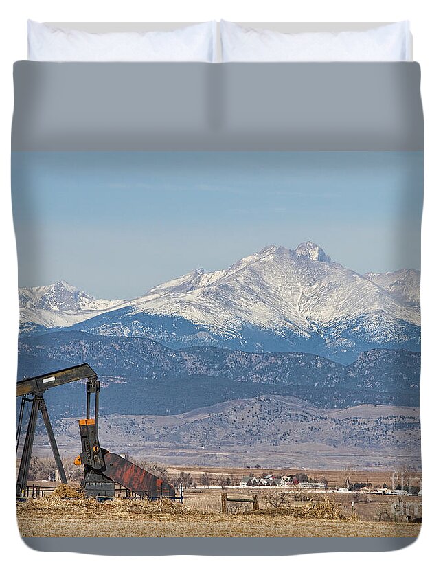 Colorado Duvet Cover featuring the photograph Oil Well Pumpjack and Snow Dusted Longs Peak by James BO Insogna