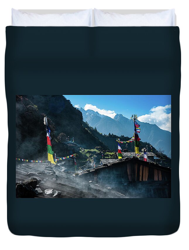 Tranquility Duvet Cover featuring the photograph Olangchungola Tibetan Village In Nepal by Ducoin David