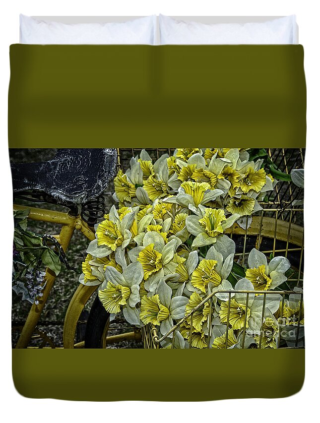 Bicycle Duvet Cover featuring the photograph Old Bike and Yellow Flowers by Phil Cardamone