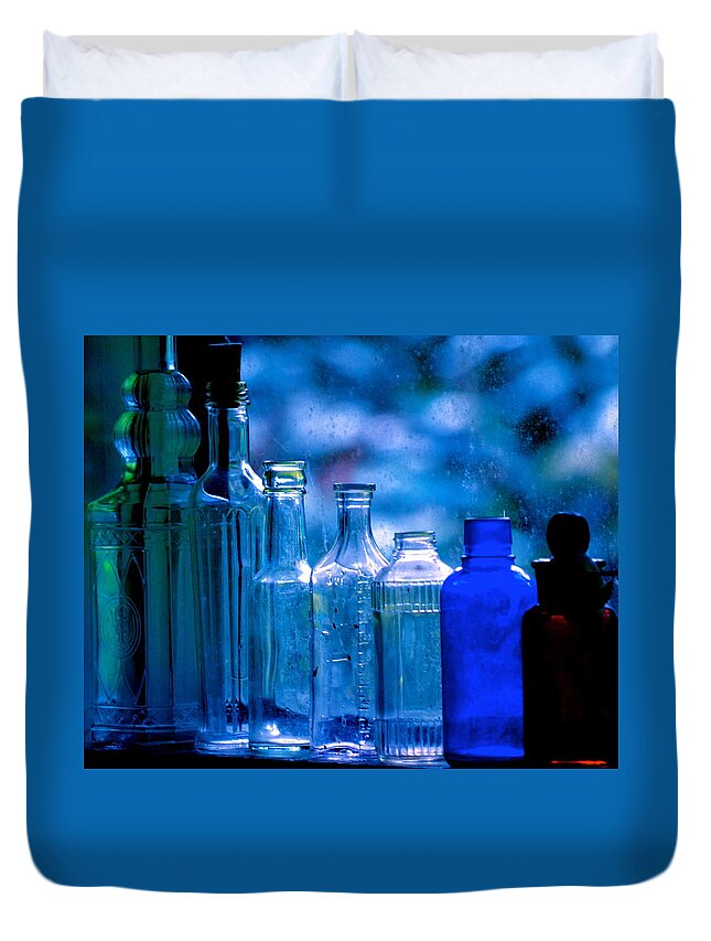Hawaii Duvet Cover featuring the photograph Old Blue Glass Bottles in the Window... by Lehua Pekelo-Stearns