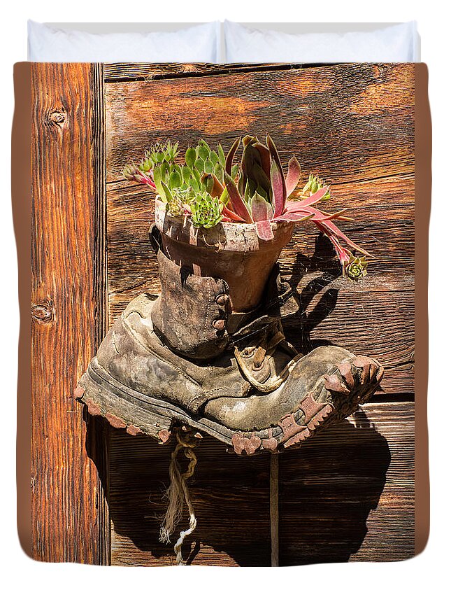 Old Boot Duvet Cover featuring the photograph Old Boot Potted Plant - Swiss Alps by Gary Whitton