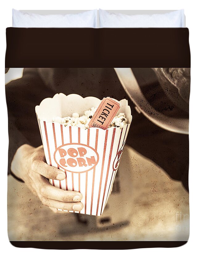 Popcorn Duvet Cover featuring the photograph Old box of retro popcorn by Jorgo Photography