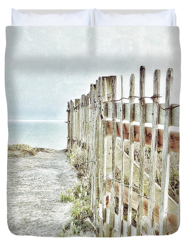 Connie Handscomb Duvet Cover featuring the photograph Old Fence To The Sea by Connie Handscomb