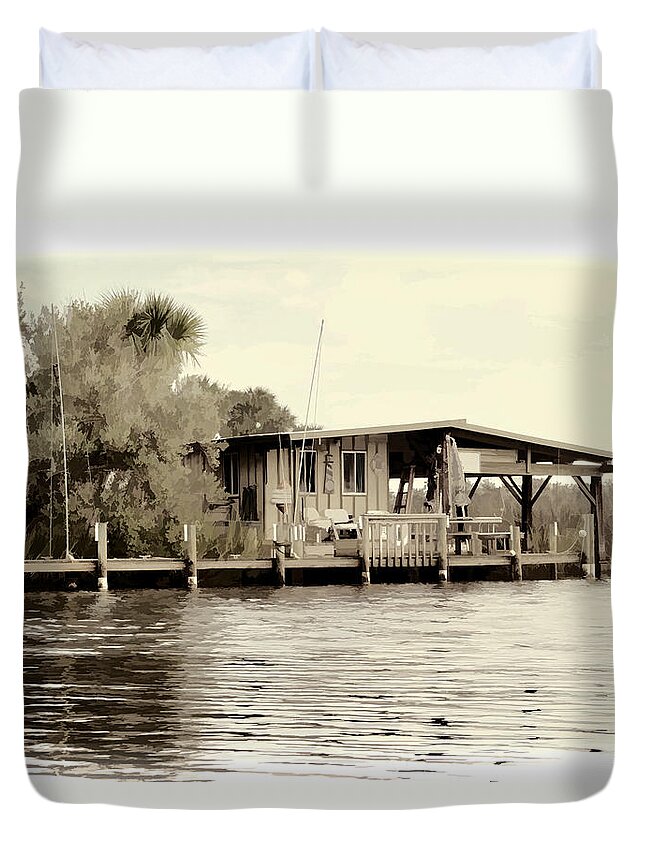 Florida Old Fish Shack Camp Waterway Palms Duvet Cover featuring the photograph Old Florida Fish Shack by Alice Gipson