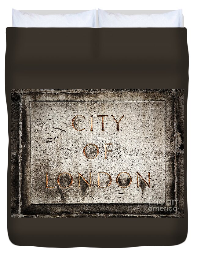 London Duvet Cover featuring the photograph Old grunge stone board with City of London text by Michal Bednarek