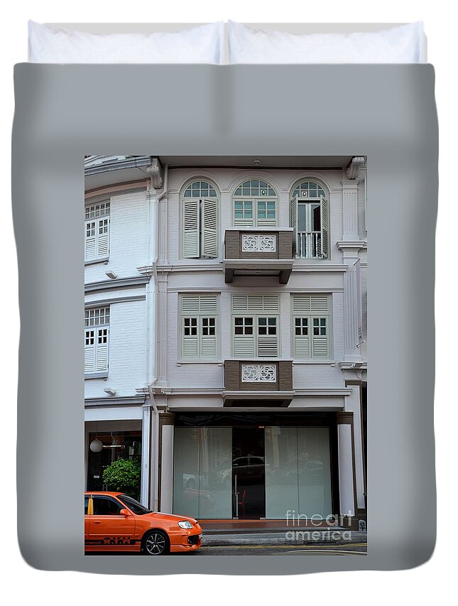 Chinatown Duvet Cover featuring the photograph Old house and funky orange car by Imran Ahmed