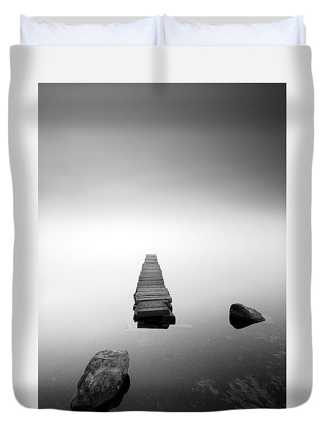 Loch Ard Duvet Cover featuring the photograph Old Jetty in the mist by Grant Glendinning