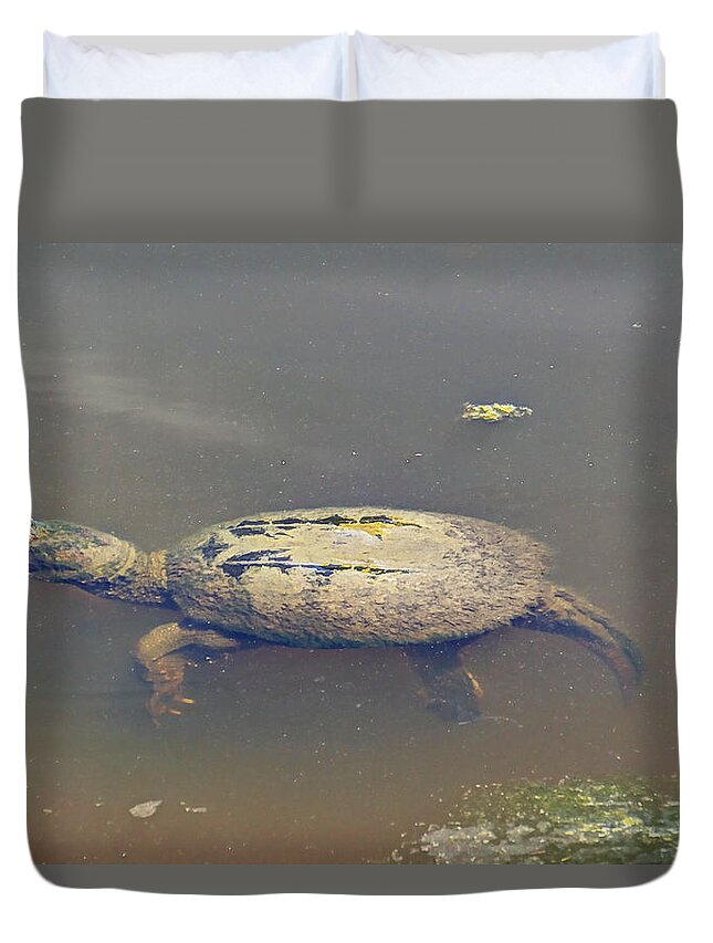 Turtle Duvet Cover featuring the photograph Old Mossy Back Snapping Turtle by Carol Senske