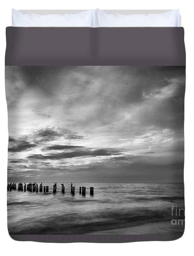 Old Naples Pier Duvet Cover featuring the photograph Old Naples pier in black and white by Paul Quinn