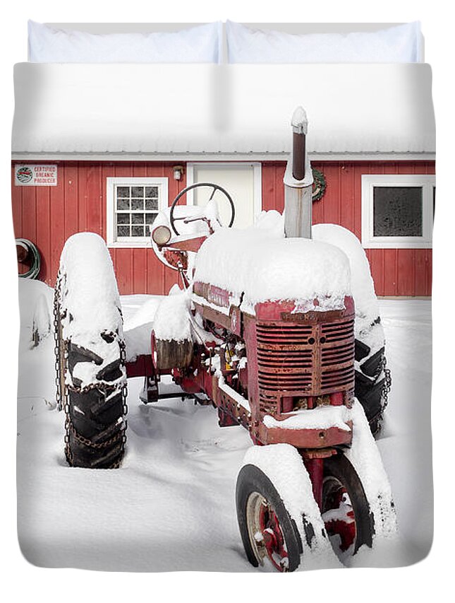 Big Duvet Cover featuring the photograph Old red tractor in front of classic sugar shack by Edward Fielding