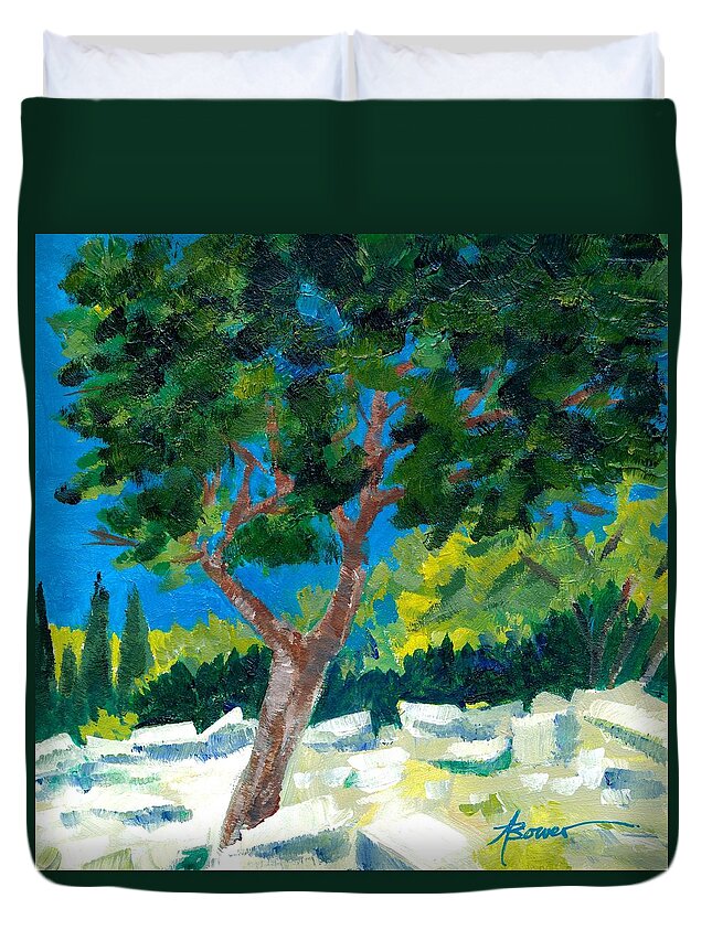 Trees Duvet Cover featuring the painting Old Ruins at Rhodes by Adele Bower