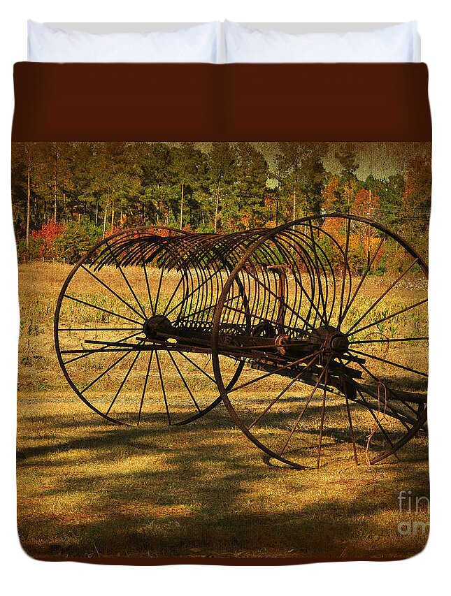 Hay Rake Duvet Cover featuring the photograph Old Rusty Hay Rake by Kathy Baccari