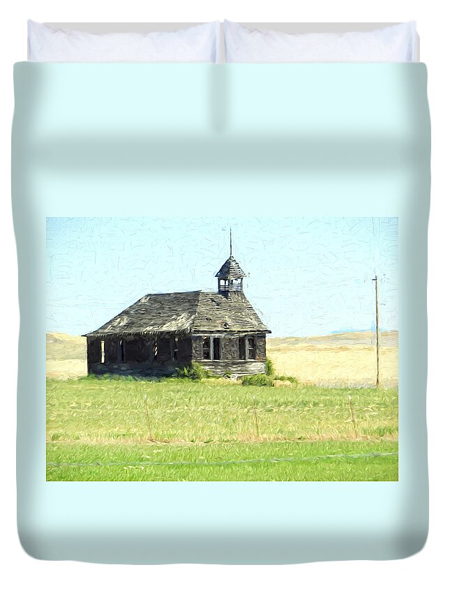  Duvet Cover featuring the digital art Old Schoolhouse in Eastern Washington 2 by Cathy Anderson
