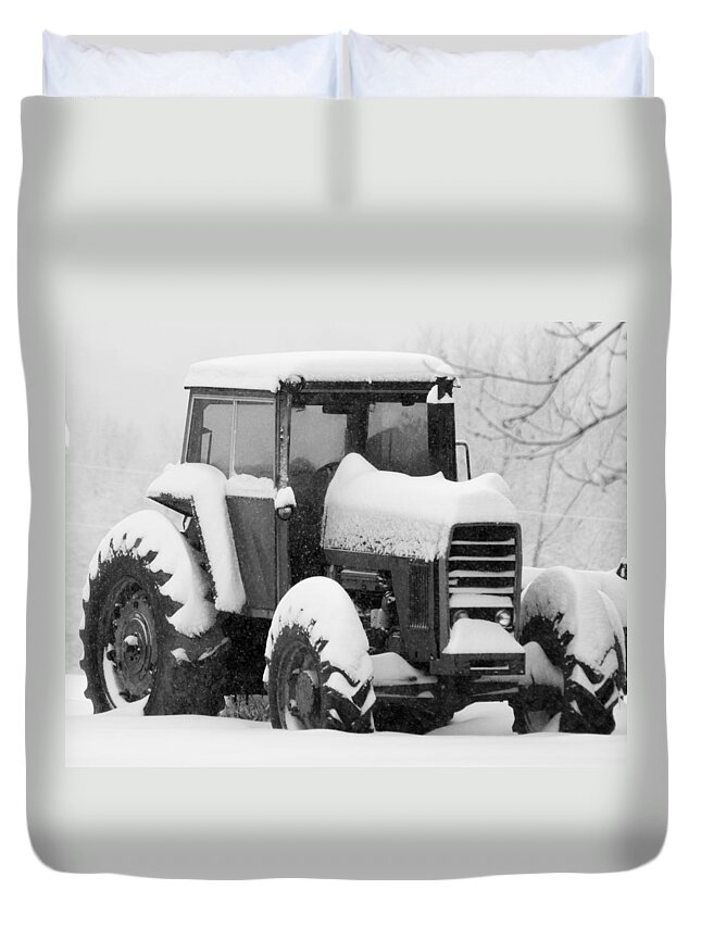 Snow Duvet Cover featuring the photograph Old Tractor in the Snow by Holden The Moment
